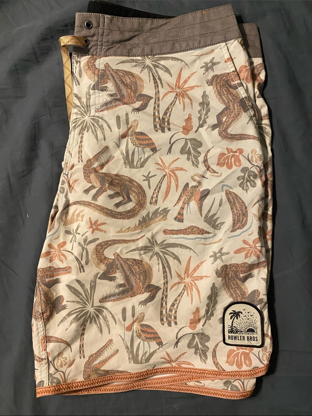 Howler Brothers Beige and Brown Alligator Print Board Shorts